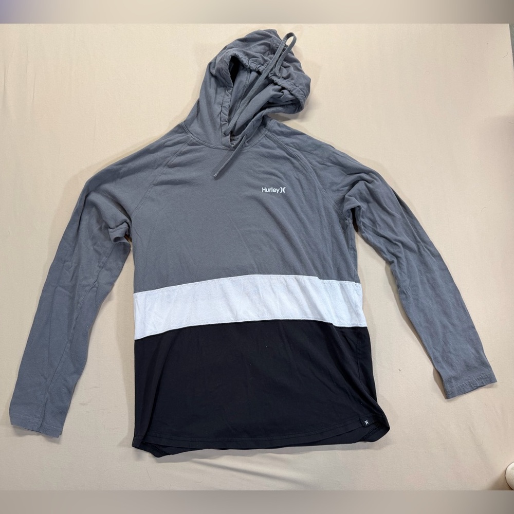 Men’s Hurley Long Sleeve Sun Shirt with Hood - Black White Gray Colorblock - S